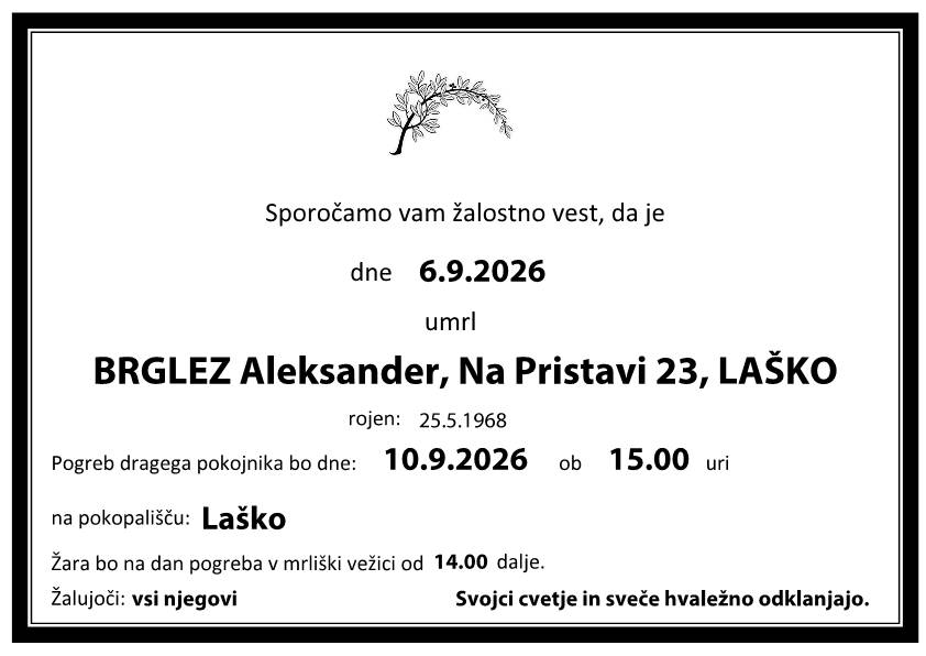 Osmrtnica Aleksander BRGLEZ Osmrtnica Aleksander BRGLEZ