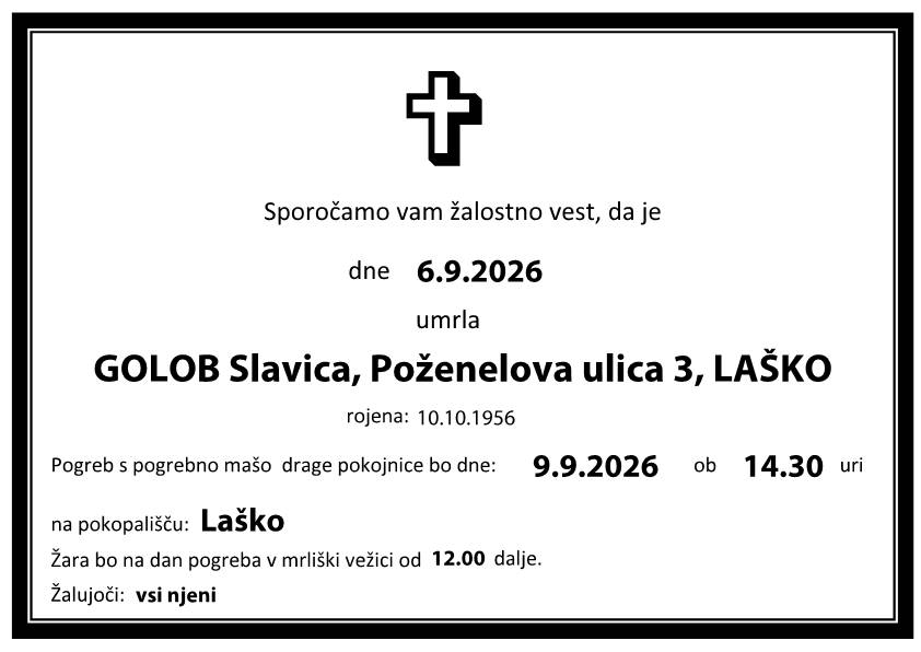 Osmrtnica Slavica GOLOB Osmrtnica Slavica GOLOB