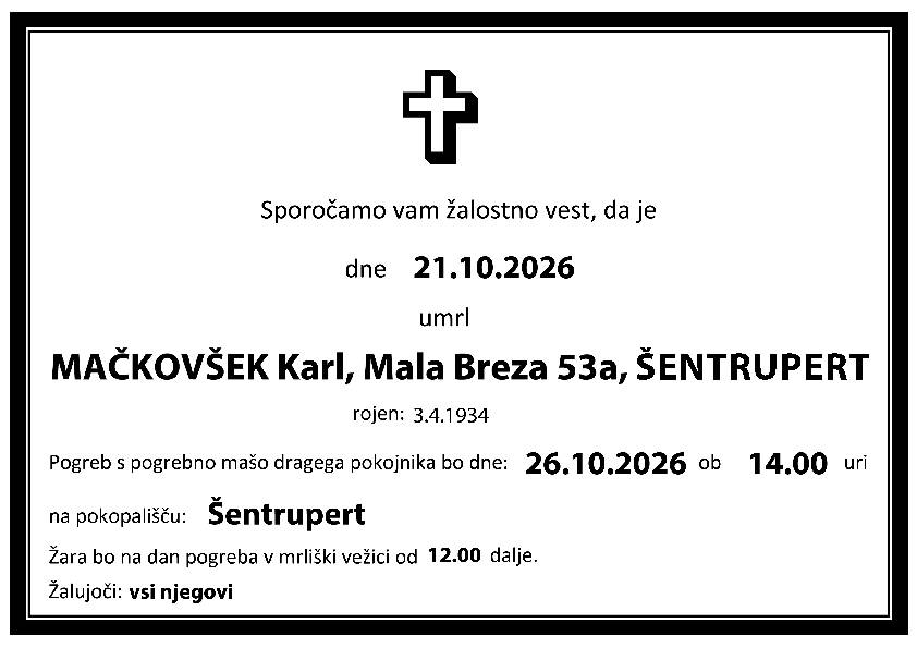Osmrtnica Karl MAČKOVŠEK Osmrtnica Karl MAČKOVŠEK