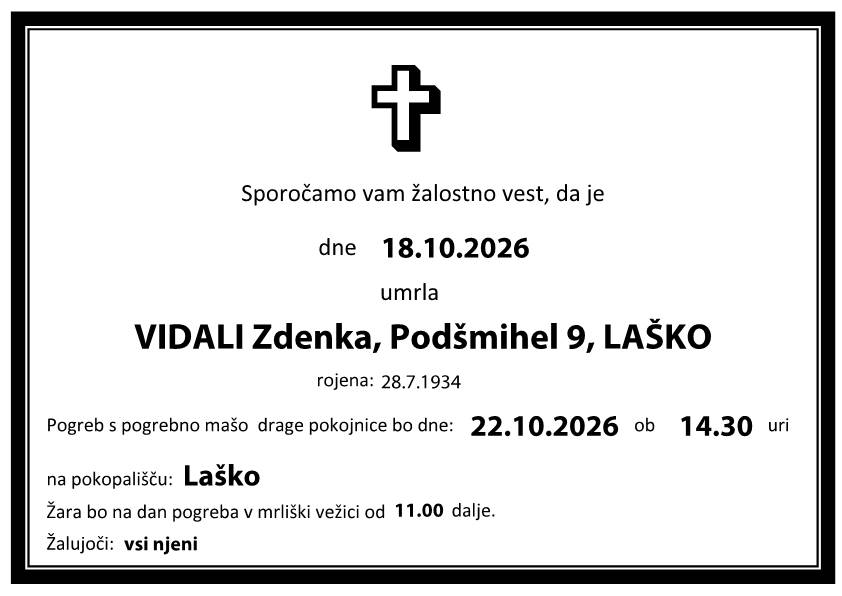Osmrtnica Zdenka VIDALI Osmrtnica Zdenka VIDALI